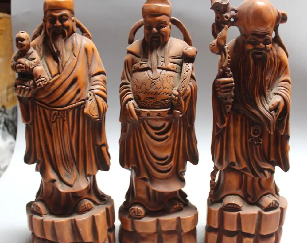 

14" Chinese Boxwood 3 Longevity God Fu Lu Shou Life Ru Yi Gourd Boy Statue Set
