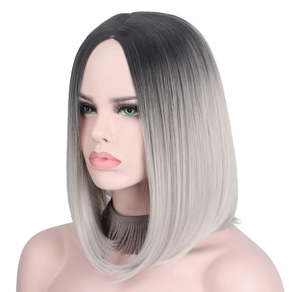 Короткий серый парик серебряные волосы Омбре Косплей парики для женщин короткий боб парик без челки средняя часть плечо длина не человеческие волосы Anxin