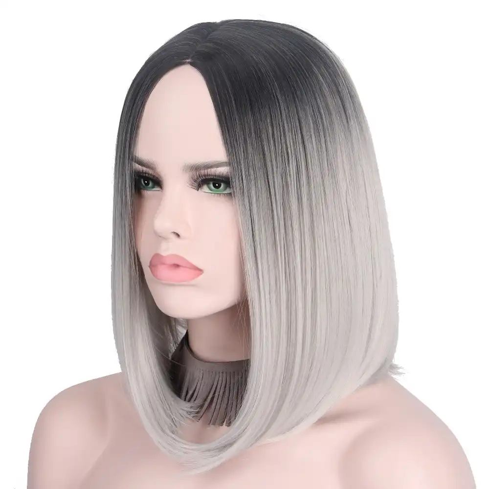 Short Gray Wig Silver Hairs Ombre Cosplay Wigs for Women Short Bob Wig No Bangs Middle Part Shoulder Length Not Human Hair Anxin