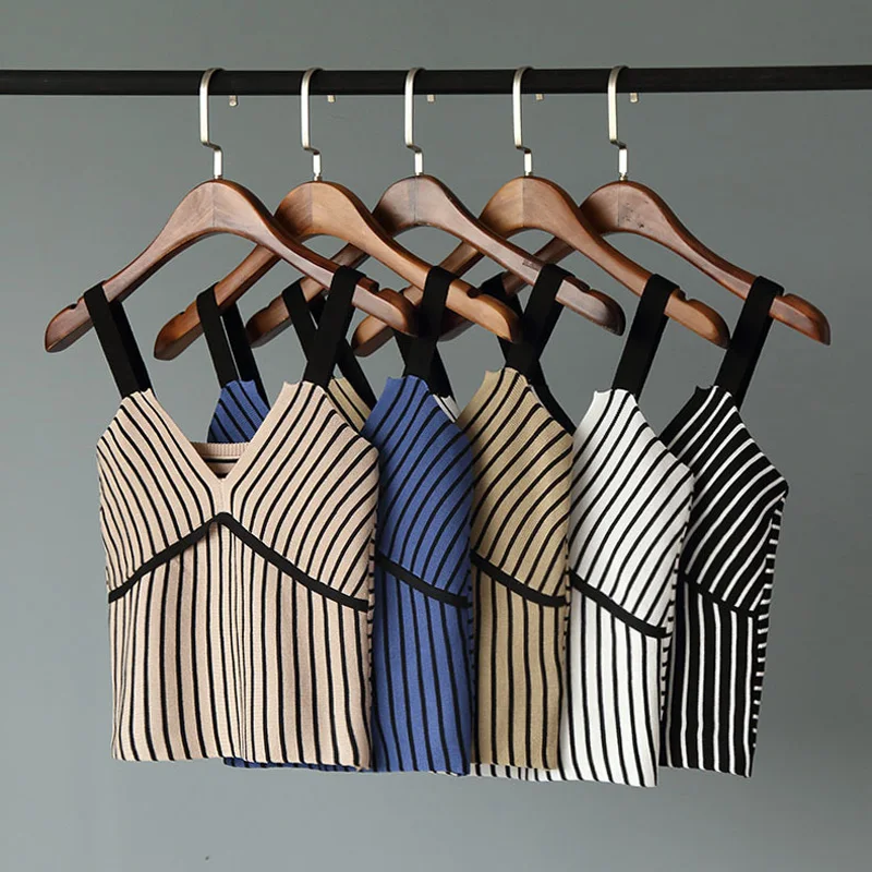 

Knitted Crop Top Women Camis Halter Top Women Camisole 2019 Summer Sexy Sleeveless Slim Striped Tops Roupas Femininas