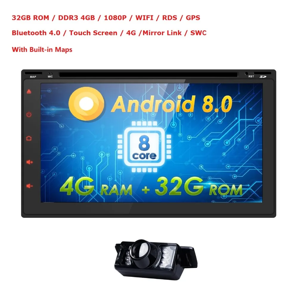 Excellent HIZPO Android 8.0 Octa Core 4G RAM 32G ROM HD 800*480 screen Car audio universal DVD Player wifi DVR TPMS OBD Free rear camera 1
