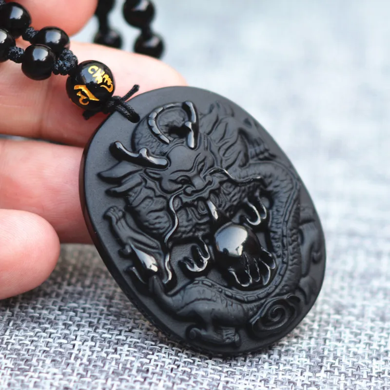 Hand Carved Black Natural Obsidian stone Dragon Lucky Pendent Lucky Necklace N13 