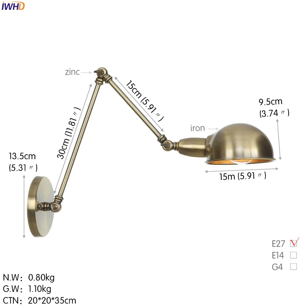 IWHD деревенском стиле ретро светодиодный Винтаж настенный светильник Ванная комната Спальня промышленные распашные длинные руки Ретро