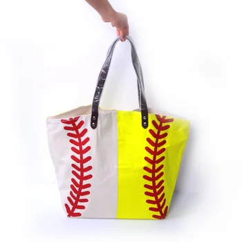 

30 Pcs Yellow And White Softball Tote Bag Canvas Baseball Handbag Hasp Closure Red Stitching DOM281