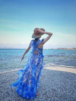 

Summer Dress Celebrity Print Blue Ruffles Sexy Strap Night CLub Elegant Vintage Homecoming Party Dresses Women