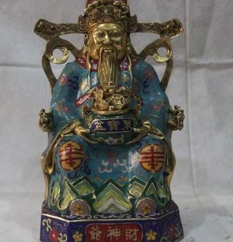 

14" Chinese Pure Bronze Wire Inlay Cloisonne Enamel God of Wealth Mammon Statue