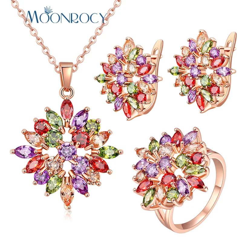 

MOONROCY Rose Gold Color Colourful CZ Crystal Necklace Earrings and Ring Jewelry Set for Women Drop Shipping Fashion Jewelry