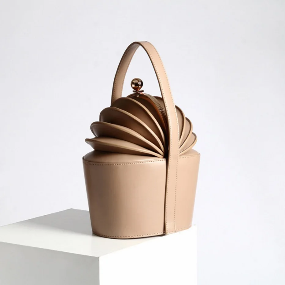 

New Quality Genuine Leather Women Bucket Handbags Ladies Solid Basket Pineapple Organ Package Top-handle Bags Vintage Tote Bags