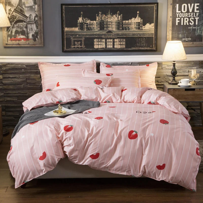 

Korean Pink Strawberry linen bedding Cute Princess super king size quilt cover sets with strip wedding bedding sweet gril bedset