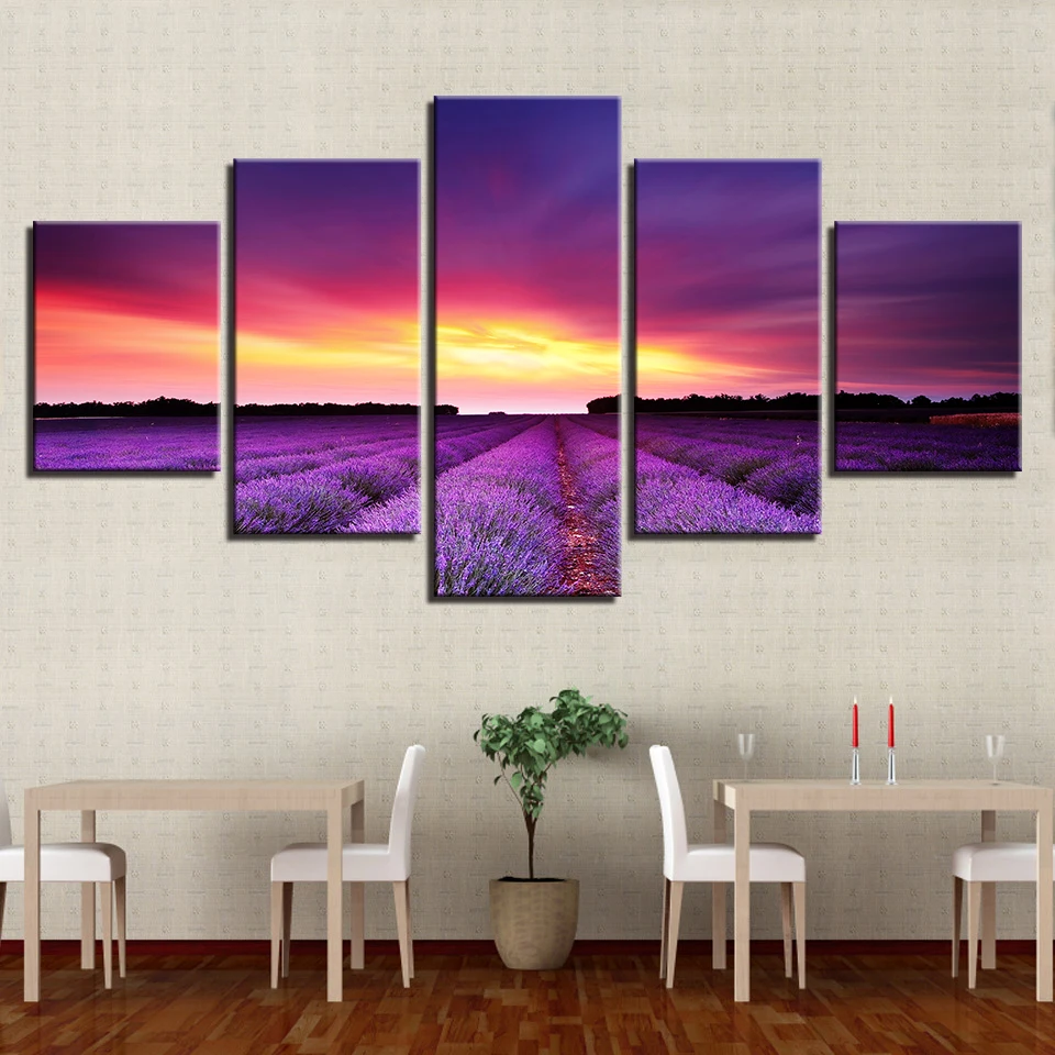 

Canvas HD Prints Pictures Home Decor Framework 5 Pieces Sunset Glow Purple Lavender Fields Landscape Paintings Wall Art Posters