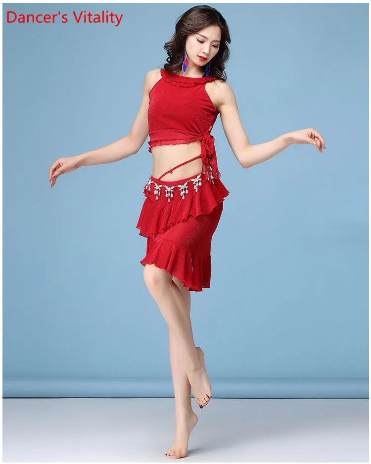 Новая женская сексуальная сетка 5 цветов одежды с короткими рукавами+ юбка 2шт костюм для танца живота M, L, XL