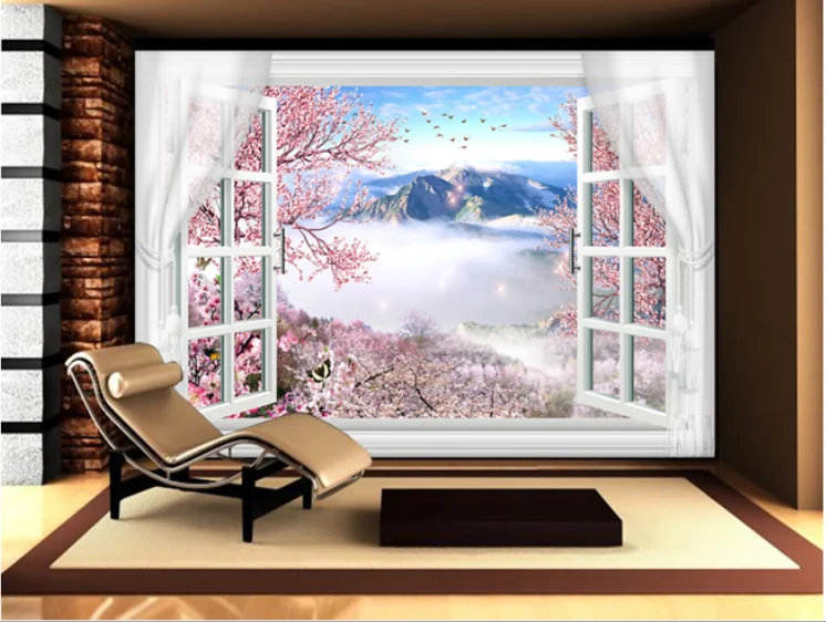 

3D damask peach flowers in the blank window with silk curtain 5D space pattern wallpaper for living room bedroom walls
