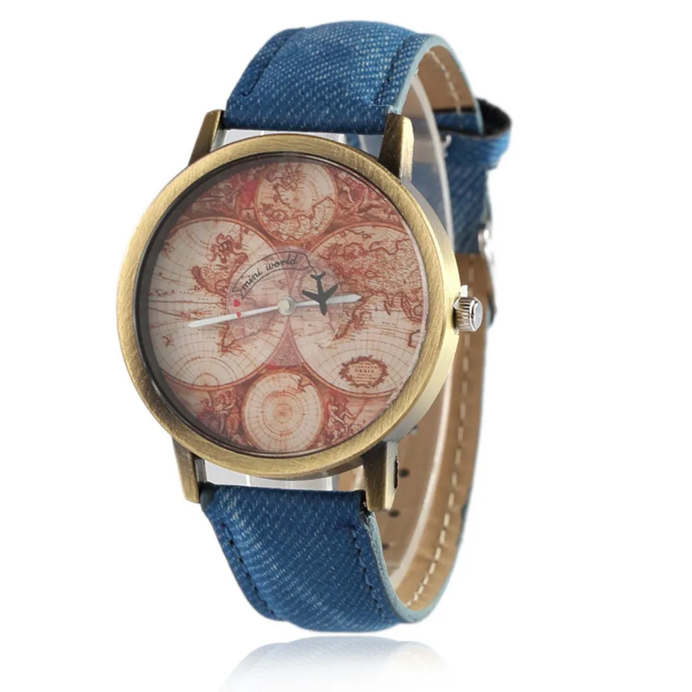 

New Casual Leather Women Watch Ladies Mens Vintage Analog Quartz Watches Female Aircraft World Map Wristwatch Blue Clock