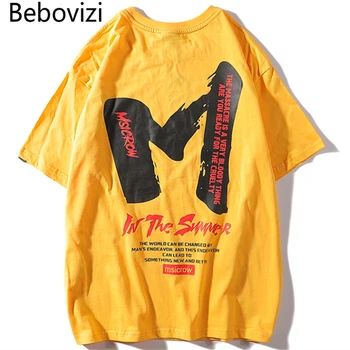 

Bebovizi 2019 Hip Hop Streetwear Letter M T Shirt Men Harajuku Yellow T-Shirt Oversized Loose Tshirt Short Sleeve Tops Tee