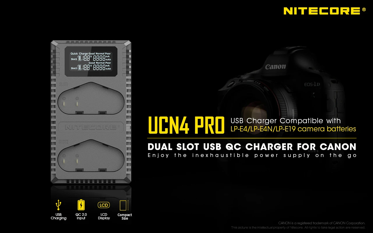 Nitecore UCN4 Pro Двойной слот USB QC LP-E4 LP-E4N LP-E19 Зарядное устройство для зеркальных фотокамер Canon EOS 1D 1DX 1DS Mark II SLR Камера Батарея