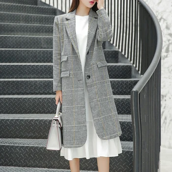 

2018 New Fashion Woolen Long plaid Coat Slim Long-sleeved Single-breasted Woolen jacket Coat Winter Women Woolen jacket Coat
