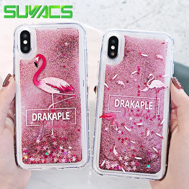 

SUYACS Case For iPhone X 6 6S 7 8 Plus Fashion Flamingo Pattern Quicksand Anti-knock Soft Cute Protective Phone Back Cover Coque