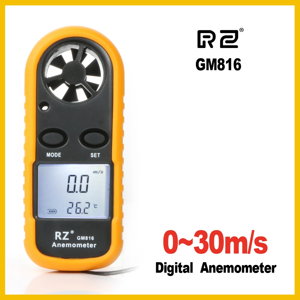 RZ Portable Anemometer Anemometro Thermometer GM816 Wind Speed Gauge Meter Windmeter 30m/s LCD Digital Hand-held Measure tool