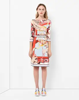 

Ladies' fashion show, beautiful print, half sleeve elastic knitted silk jersey slim dress.