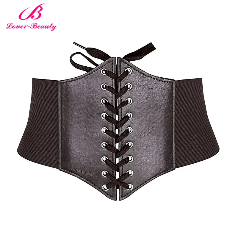 

Lover Beauty Lace Up Women Elastic Wide Band Tied Waspie Corset Waist Cincher Belt Women's Underbust Faux Leather Corset -A