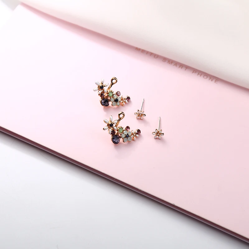 

Vintage Colorful Pink Green Purple Crystal Boho Style White Flowers Golden Stud Earrings For Women