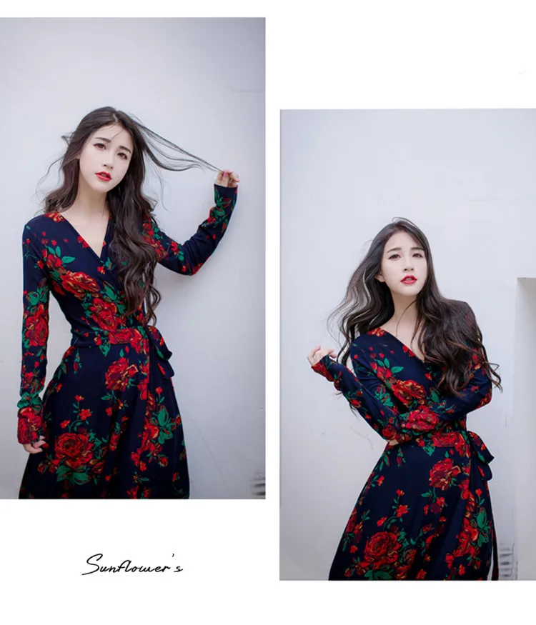 Stylish V-neck Long Sleeve Tie-waist Big Hem Print Dress (6)