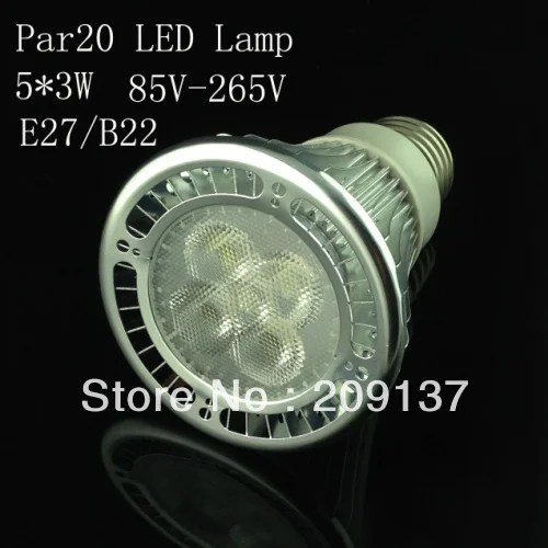 

20Pcs/lot Par20 Led Lamp E27 Dimmable 5X3W 15W Spotlight Led Light Led Bulbs 85V-265V Energy Saving dhl Free shipping