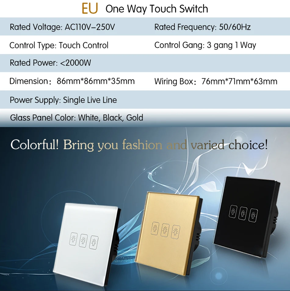 Touch Light Switch White Crystal Glass Panel EU Standard 3 Gang 2 Way Wall Switch Touch Sensitive Switch For Lamp