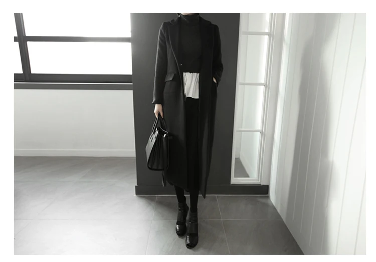 Черное удлиненное шерстяное пальто с лацканами, женское модное зимнее пальто, женское длинное пальто из верблюжьей шерсти