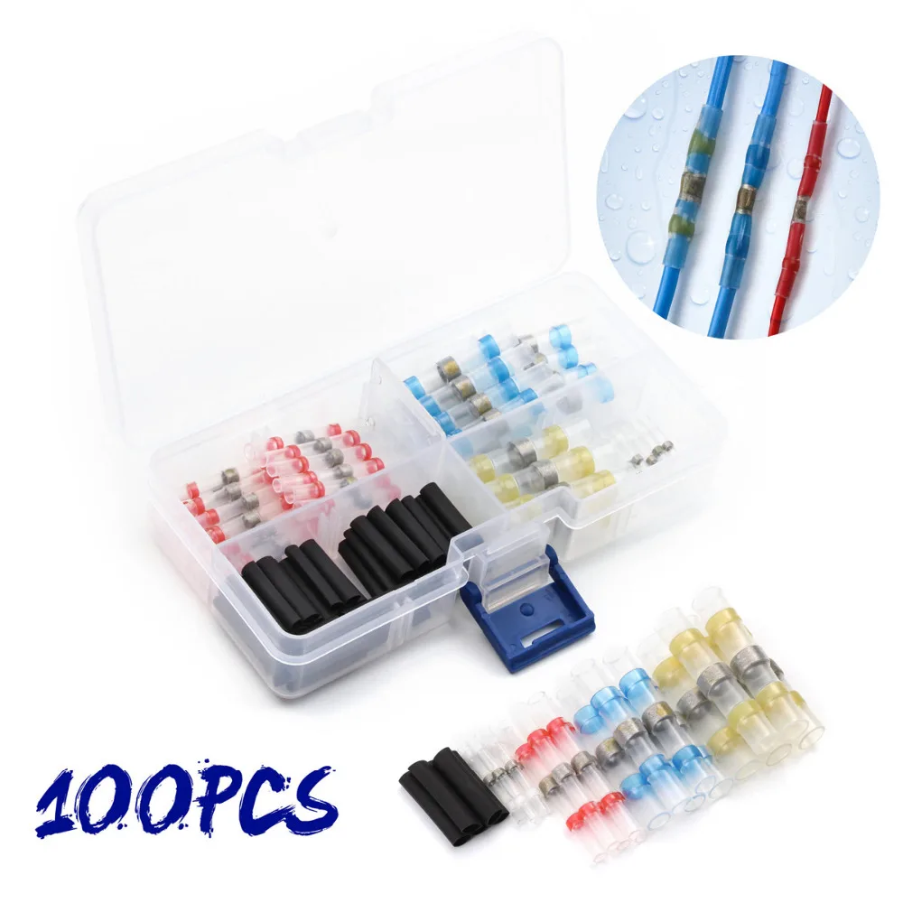 

100Pcs Mixed Heat Shrink Sordering Terminals Waterproof Solder Sleeve Tube Insulated Butt Electrical Wire Connectors Kit