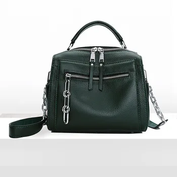

1052 New Fashion Women Handbag Top Layer Leather Boston Bag Chain Handheld Single Shoulder Bags Satchel Real Leather Bag