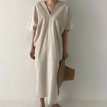 

Summer Solid V-Neck Midi Dress Korean Short Sleeve Split Dress Straight Flare Sleeve Loose Casual Dress