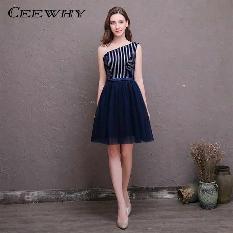 CEEWHY One Shoulder Striped Navy Blue Formal Party Prom Dress A Line