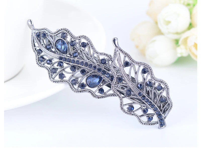 

F&U Blue Rhinestone Double Leaves Hairpins for Women Girls Rhinestone And Zinc Alloy Hair Clips Pins Styling Headwear