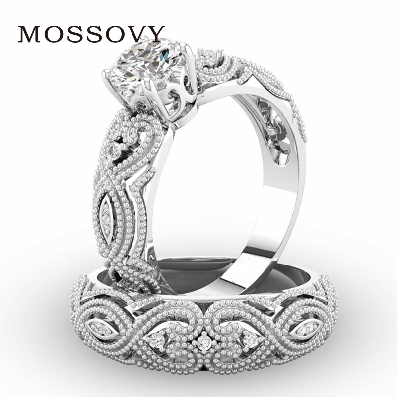 Mossovy Zircon Engagement Silver Wedding Rings for Women Fashion Rhinestone Hollow Couple Ring for Female Jewelry Anillos Mujer
