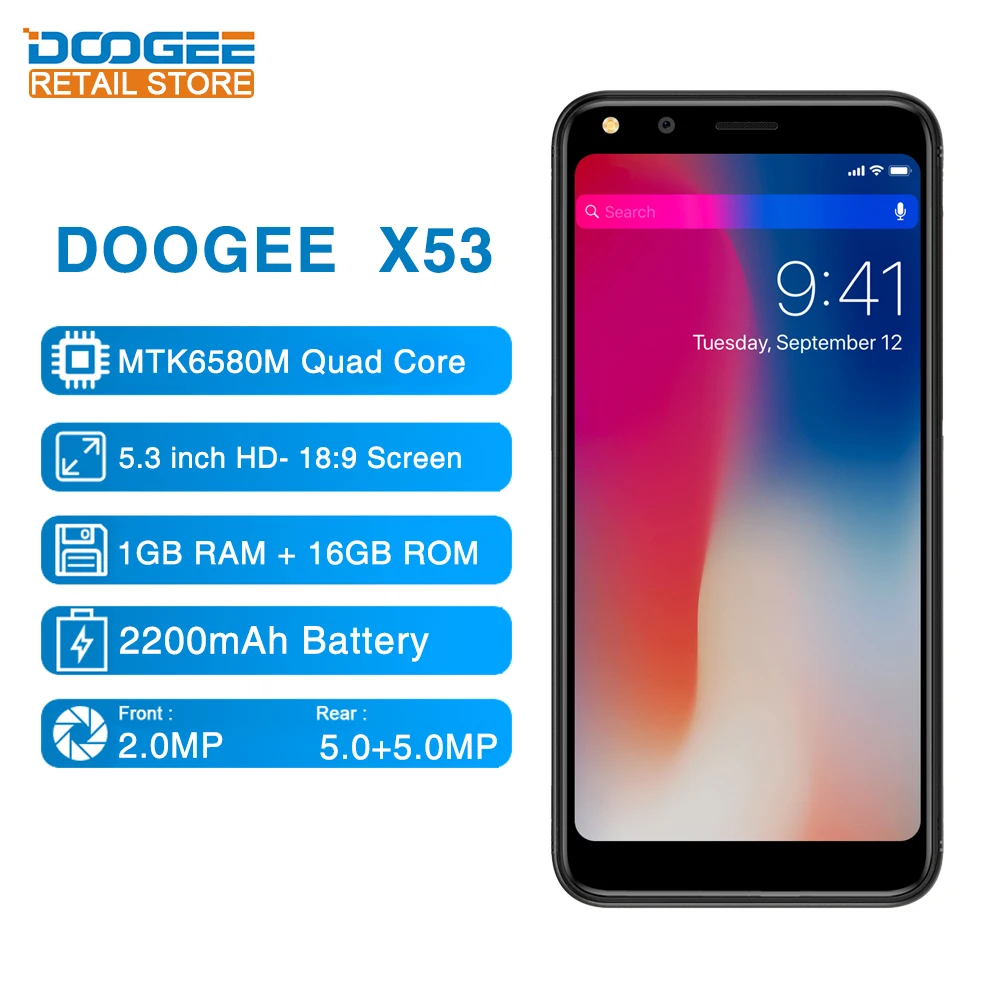 DOOGEE X53 5 3 &quot18:9 мобильного телефона Android 7 0 mtk6580m четыре ядра 1 ГБ Оперативная память