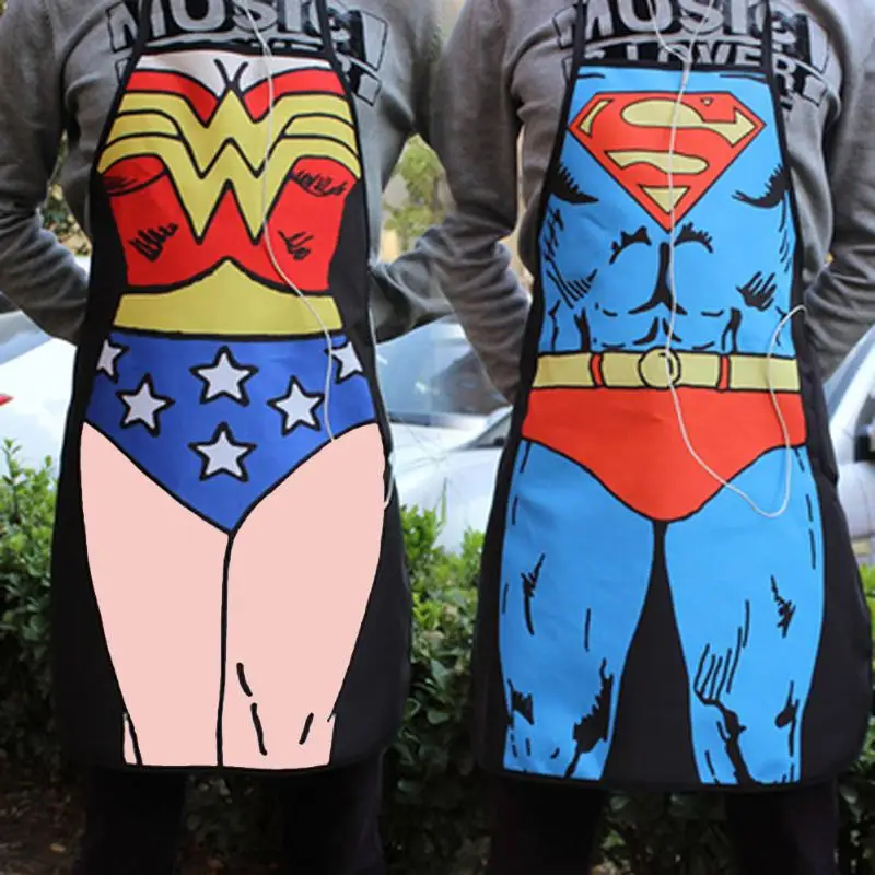 1pc Funny Apron Novelty Sexy Dinner Party Superman Cooking Apron Wonder Woman Men Apron Helper Baking Accessories