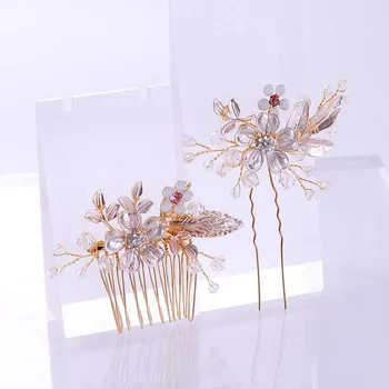 

Handmade Gold Rhinestone Leaf Flower Crystal Hair Comb Hair Pin Tiara Bride Hair Stick Women Wedding Hair Jewelry Accessories SL