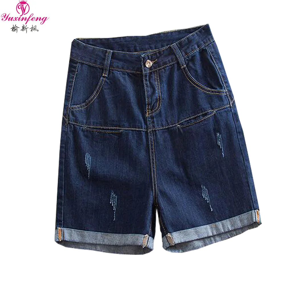

Yuxinfeng 2019 Summer Denim Shorts Women Plus Size High Waist Roll up Casual Loose Hole Jeans Shorts female 7XL 8XL 9XL