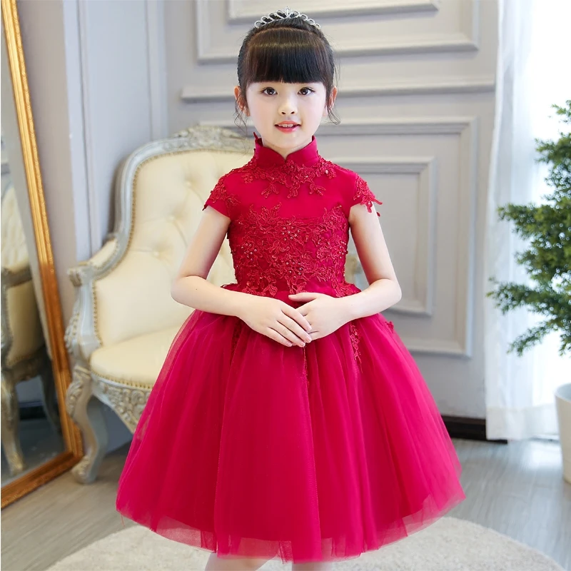 

2017New Elegant Children Girls Red Color Wedding Birthday Dress Princess Children Ball Gown Lace Dresses Kids Formal Clothing