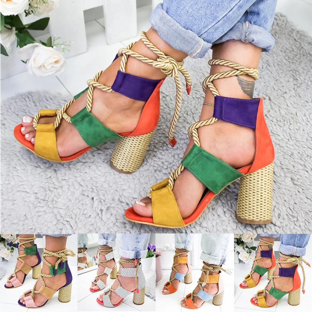 

Thick High Square Heel Patchwork Flock Womens Sandals Summer Fashion Suede Sandals Hemp Rope Lace Up Breathable Shoes Woman
