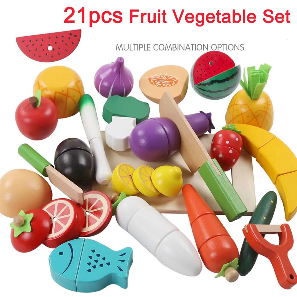 21pcs set Детский деревянный ролевой Игровой Набор для резки овощей, фруктов, кухни, кухонный комплект детских игрушек, деревянный кухонный игровой набор, ролевые игры, еда - Цвет: 21pcs set