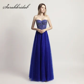 

Royal Blue Beading Rhinestone A-Line Long Evening Dresses 2018 Tulle Sweetheart Zipper Back Women Formal Prom Party Gown OL464
