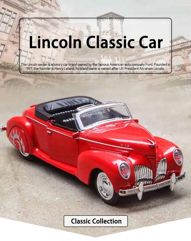 Модель Lincoln Classic Diecasts 1/36, автомобильный светильник Matel, игрушки из звукового сплава для детей, подарки для детей и мальчиков