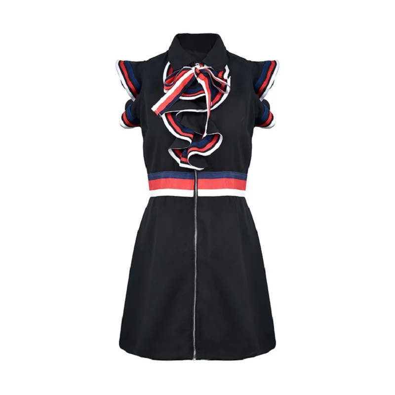 

Summer 2019 Runway Black Dress Mini Women Vintage Ruffles Striped Zipper Sarafan Dresses A line Festival Party Tunic Clothes