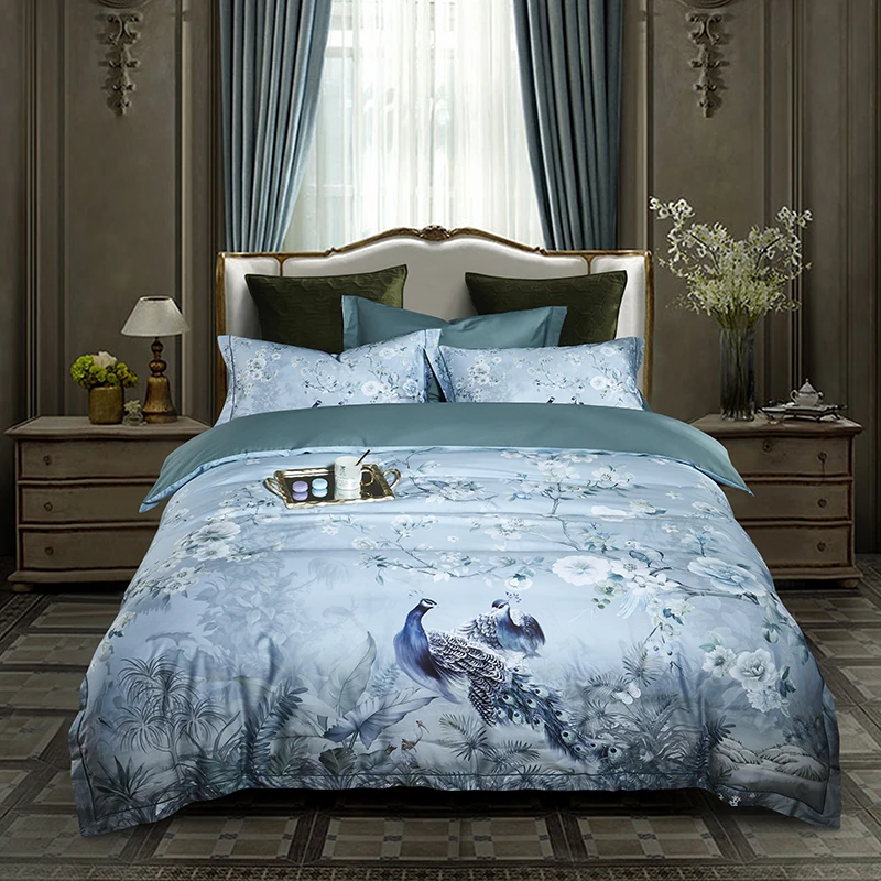  100% Egyptian Cotton Bedding Queen King size 4Pcs Birds and Flowers Leaf Pattern Gray Shabby Duvet 