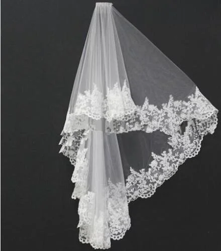 

2 Layer Lace Appliques Wedding veil White/Ivory Fingertip Bridal Veil tulle+comb