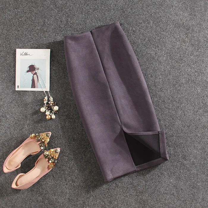 Теплая осенне-зимняя однотонная облегающая юбка-карандаш с высокой талией, облегающая юбка из искусственной замши для женщин, Офисная Женская юбка на молнии - Цвет: Темно-серый