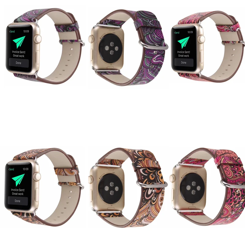 

Leather Strap for Apple Watch band 38mm 42mm 40mm 44mm Flower Prints Vintage Floral National Folk series 4/3/2/1