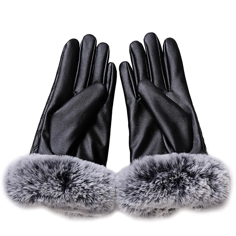 KUYOMENS Модные женские теплые толстые зимние перчатки кожаные элегантные брендовые варежки для девочек свободный размер с кроличьим мехом женские перчатки